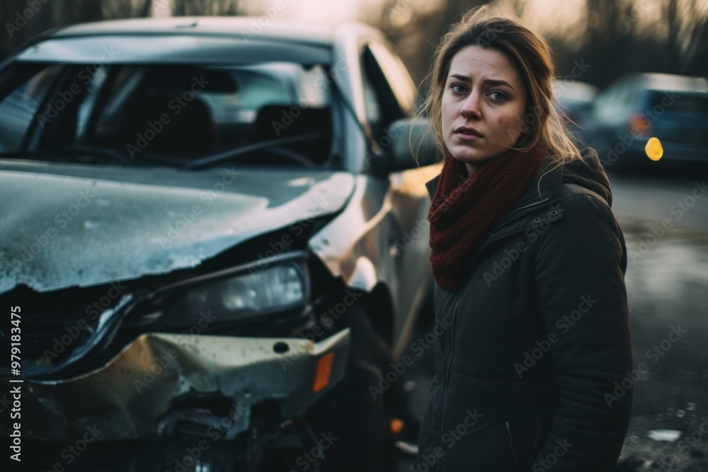 A tried woman exhibiting stress car damaged vehicle. A tried woman exhibiting stress car damaged vehicle.