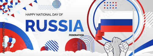 Happy Russia Day Banner. Latest horizontal poster with Russian flag, raised fist and typography. Modern abstract art for national holiday greeting cards, web headers and sporting events.