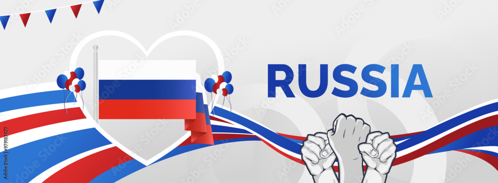 Fototapeta premium Happy Russia Day Banner. Latest horizontal poster with Russian flag, raised fist and typography. Modern abstract art for national holiday greeting cards, web headers and sporting events.