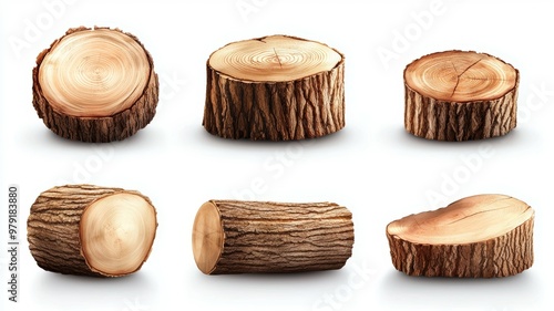 A collection of six different types of wood logs, each with a unique shape