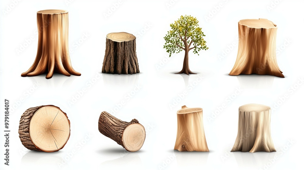 A variety of tree trunks and branches, including a large log and a small tree A variety of tree trunks and branches, including a large log and a small tree