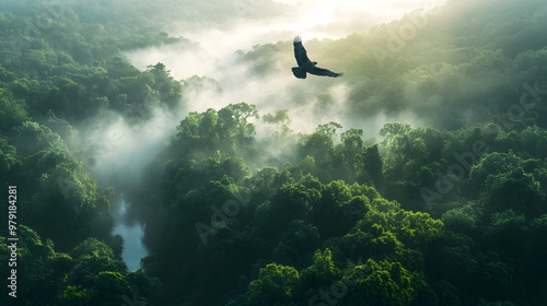 A bird's eye view of the misty forest, with an eagle soaring above it. The river flows through the valley surrounded by dense green trees