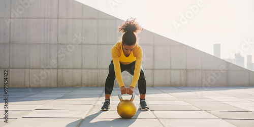 Athletic black woman working out with kettlebell squat exercise on urban rooftop