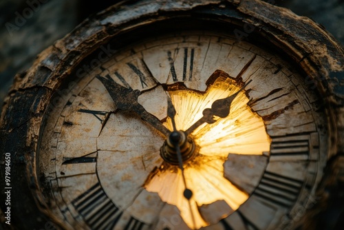 Cracked antique clock with glowing light