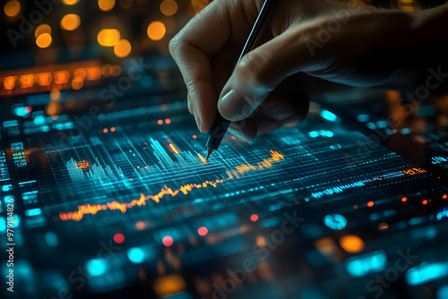 Futuristic Technology Illustration of Businessman Analyzing Financial Data Charts with Stylus Pen