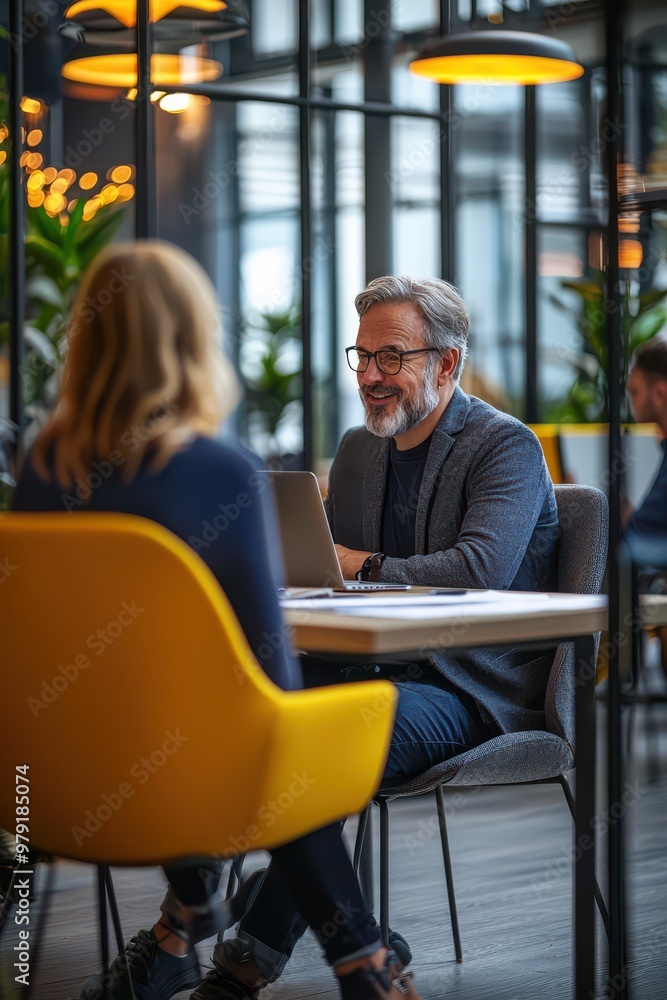 Business professionals engage in a productive meeting in a modern office setting with natural lighting and a collaborative atmosphere Business professionals engage in a productive meeting in a modern office setting with natural lighting and a collaborative atmosphere