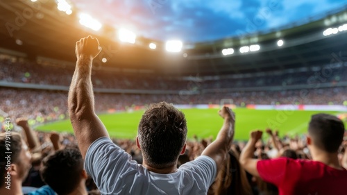 A man is standing in a stadium with a crowd of people around him