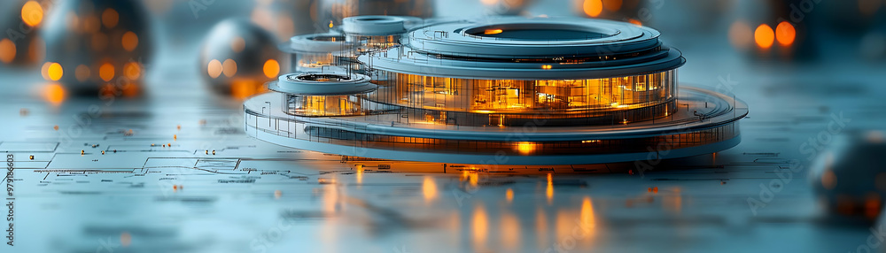 3D Illustration of Modern Architecture: Futuristic Cityscape on Blueprints 3D Illustration of Modern Architecture: Futuristic Cityscape on Blueprints