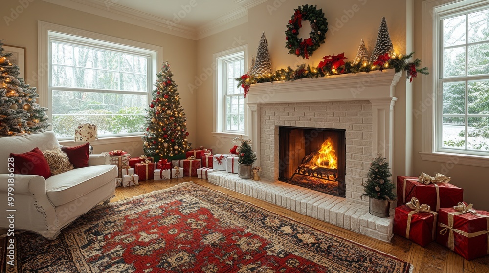 Christmas Eve Glow: A warm and inviting living room adorned with Christmas decorations, a crackling fireplace, and presents under the tree,evoking the cozy ambiance of the holiday season. Christmas Eve Glow: A warm and inviting living room adorned with Christmas decorations, a crackling fireplace, and presents under the tree,evoking the cozy ambiance of the holiday season.