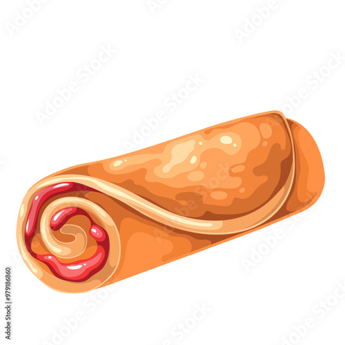 Pancake cartoon roll with strawberry jam. Tasty hot rolled crepe with red sweet sauce or syrup for morning dessert. Breakfast food, cooking mascot, cartoon folded pancake dish vector illustration