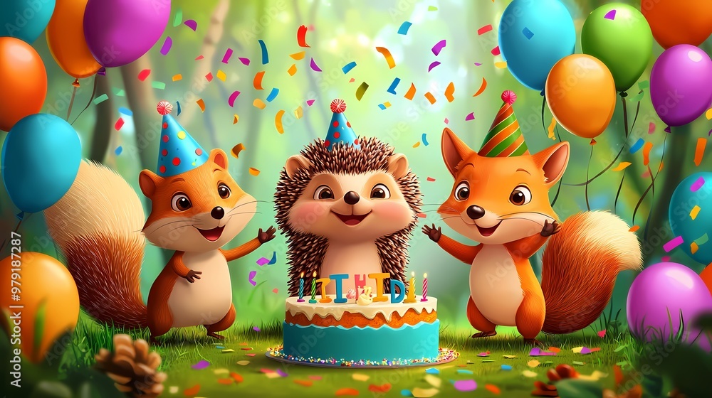 Obraz premium Three animated woodland creatures celebrate a birthday with a colorful cake.