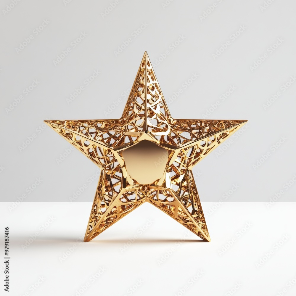 Fototapeta premium A reflective 3D golden star with intricate detailing, isolated on a clean white surface, representing success and excellence