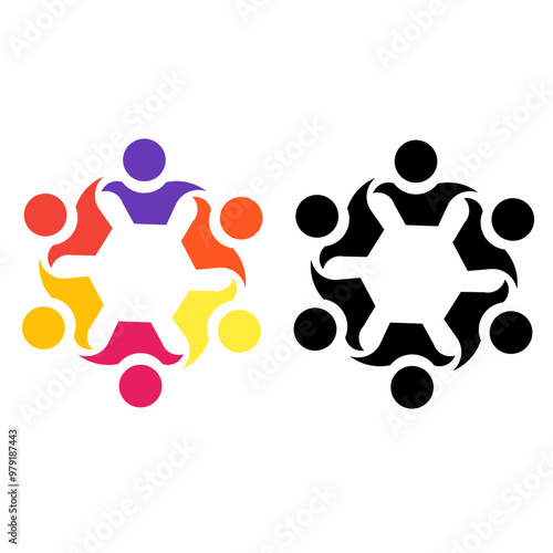 This logo features a pentagon as its central shape, symbolizing stability and unity. Inside the pentagon are six abstract figures representing teamwork and collaboration.