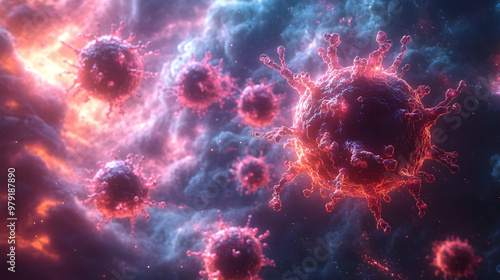 3D Illustration of Red Virus Particles, Corona Virus, Covid-19