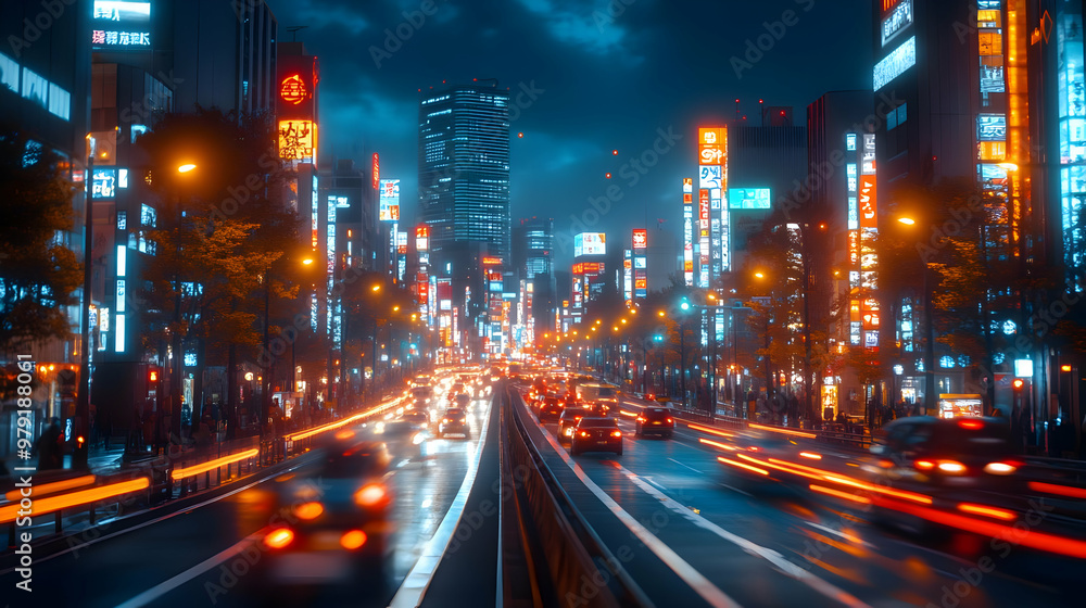Neon City Nights Illustration - Tokyo Street Scene with Traffic Light Trails and Vibrant Signage Neon City Nights Illustration - Tokyo Street Scene with Traffic Light Trails and Vibrant Signage