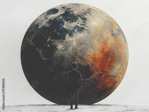 Businessperson on the moon in a retro-inspired setting, with vibrant colors and minimalistic design. The fantasy vibe creates a surreal blend of business and cosmic themes, isolated on a white