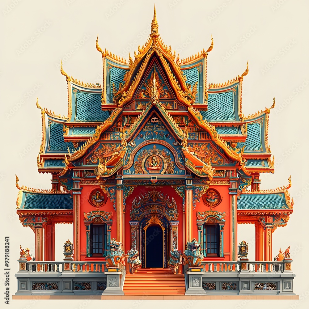 Retro-inspired Thai temple with bright colors and minimal tech designs. The illustration merges traditional blessing with technology, isolated on a transparent background Retro-inspired Thai temple with bright colors and minimal tech designs. The illustration merges traditional blessing with technology, isolated on a transparent background