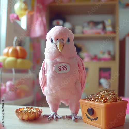 A cockatoo in a pirate costume perches on a Halloweenthemed stand photo