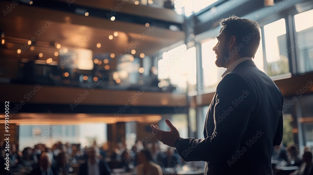 Man in business suit speaks to crowd of people from podium. Motivational speech, debate, political activity Man in business suit speaks to crowd of people from podium. Motivational speech, debate, political activity