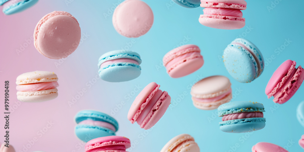 Many flying and falling macarons on pastel blue and pink background Many flying and falling macarons on pastel blue and pink background