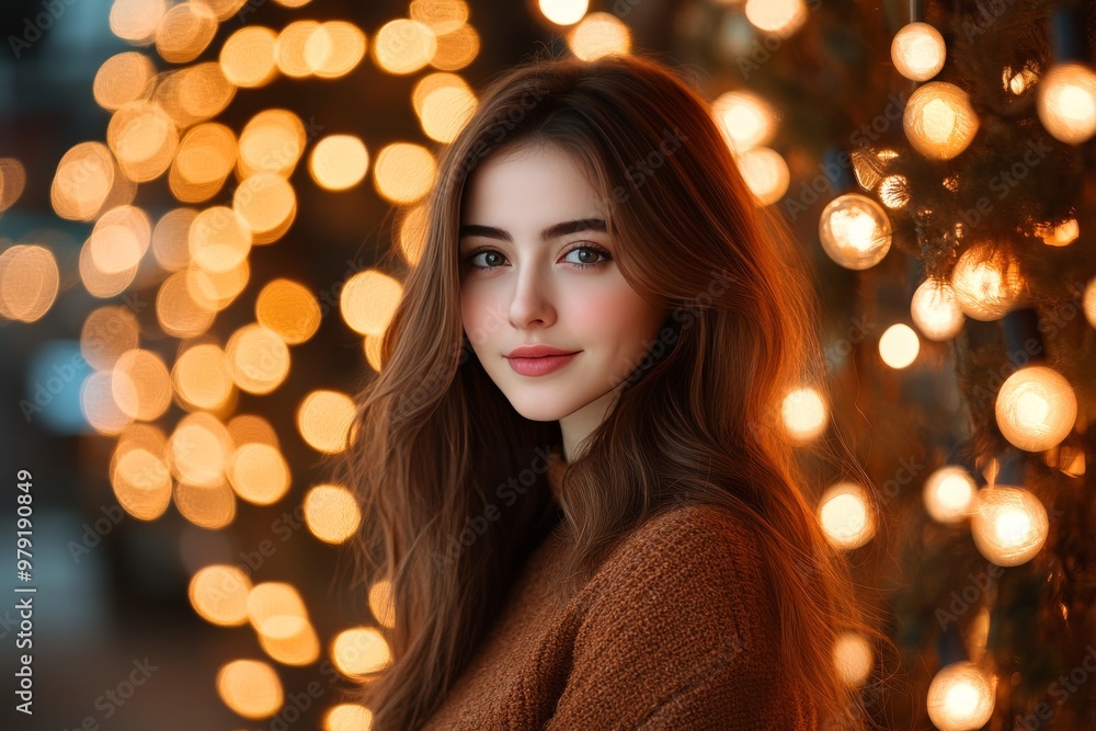 Portrait of a woman standing in front of blurred warm bokeh lights showcasing festive ambiance subtle warmth and gentle expressions of contemplation and nostalgia Portrait of a woman standing in front of blurred warm bokeh lights showcasing festive ambiance subtle warmth and gentle expressions of contemplation and nostalgia