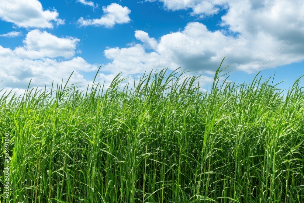 vast landscape covered in tall, green switchgrass, stretching towards the horizon under a clear blue sky. vast landscape covered in tall, green switchgrass, stretching towards the horizon under a clear blue sky.