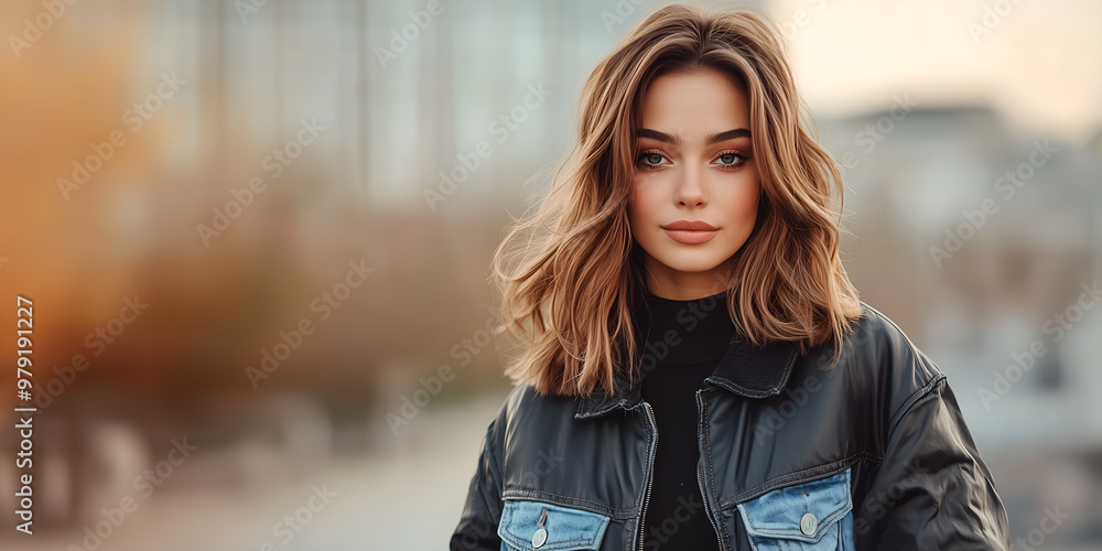 portrait of a brunette girl model in autumn city posing in black jacket; urban background; copy space