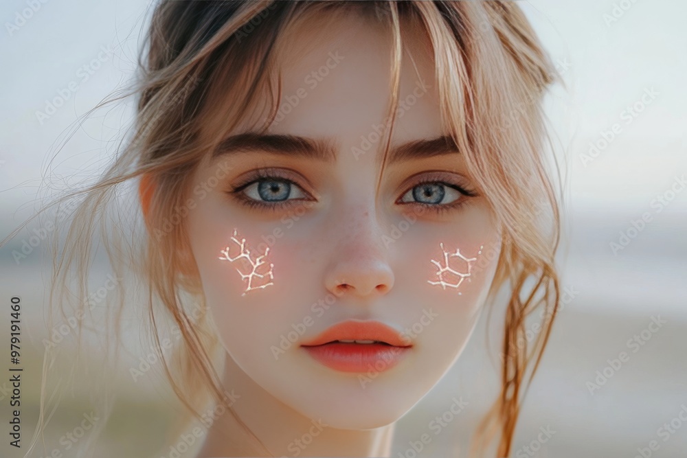 Young woman with glowing holographic snowflakes on her face blending the warmth of beauty with wintery futuristic elements that highlight technology and natural integration Young woman with glowing holographic snowflakes on her face blending the warmth of beauty with wintery futuristic elements that highlight technology and natural integration