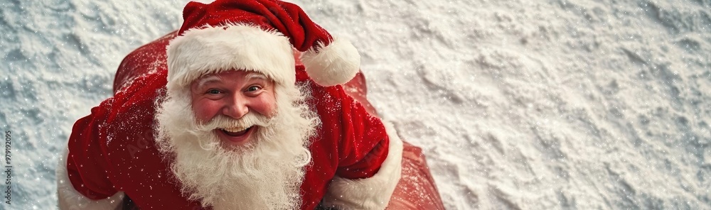 Joyful Santa in red suit, smiling under snow. Perfect for festive celebrations and holiday themes, spreading cheer and happiness. Joyful Santa in red suit, smiling under snow. Perfect for festive celebrations and holiday themes, spreading cheer and happiness.