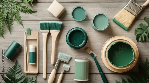 Fototapeta Naklejka Na Ścianę i Meble -  A collection of eco-friendly painting supplies, including brushes, rollers, and cans of zero-VOC paint, displayed on a wooden table, ready for a green renovation project