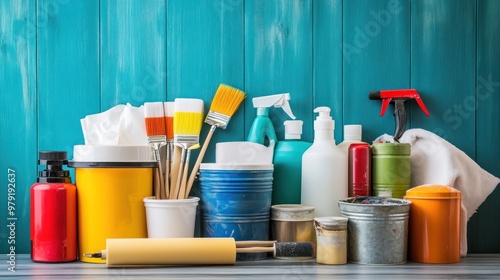 A collection of painting supplies, including brushes, rollers, paint cans, and drop cloths, neatly arranged on the floor, ready for a home renovation project photo