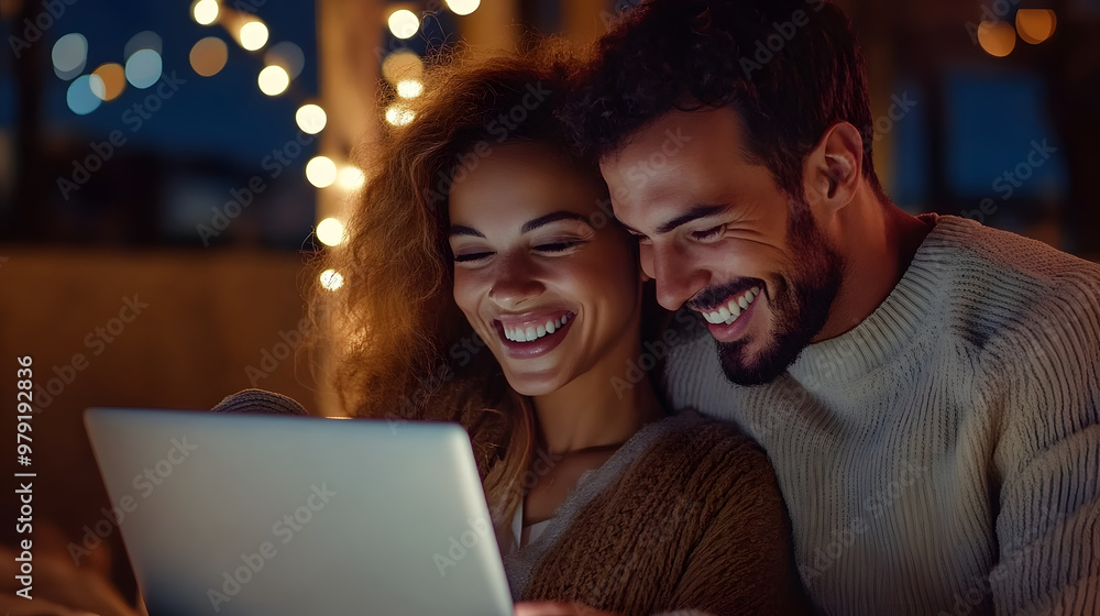 A couple is sitting together and smiling at a laptop A couple is sitting together and smiling at a laptop