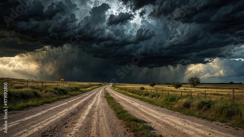 Road Into The Storm. Dramatic Stormy Skies, Dark Clouds and Lightning Landscape. Ideal for Wallpaper or Background.