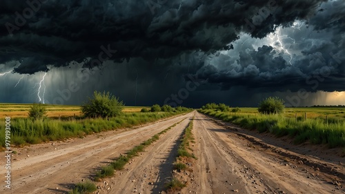 Road Into The Storm. Dramatic Stormy Skies, Dark Clouds and Lightning Landscape. Ideal for Wallpaper or Background.