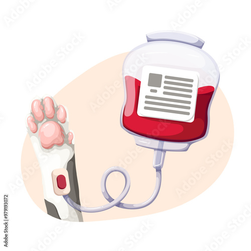 Dog cartoon donor donating blood to medical transfusion bag. Funny paw of doggy and container connect to donate lifeblood and save life. Veterinary mascot, blood donation cartoon vector illustration
