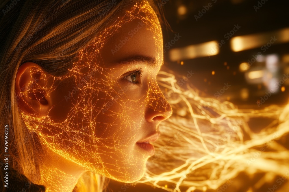 Woman enveloped in vibrant glowing lines of data representing the fusion of human intelligence and digital information in a fast paced interconnected world Woman enveloped in vibrant glowing lines of data representing the fusion of human intelligence and digital information in a fast paced interconnected world