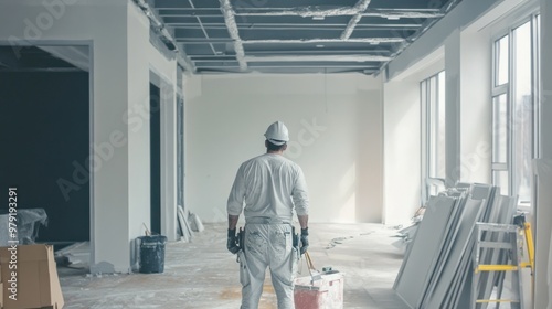 A commercial renovation scene in a corporate office, with professional painters applying new wall colors and updating the interior space