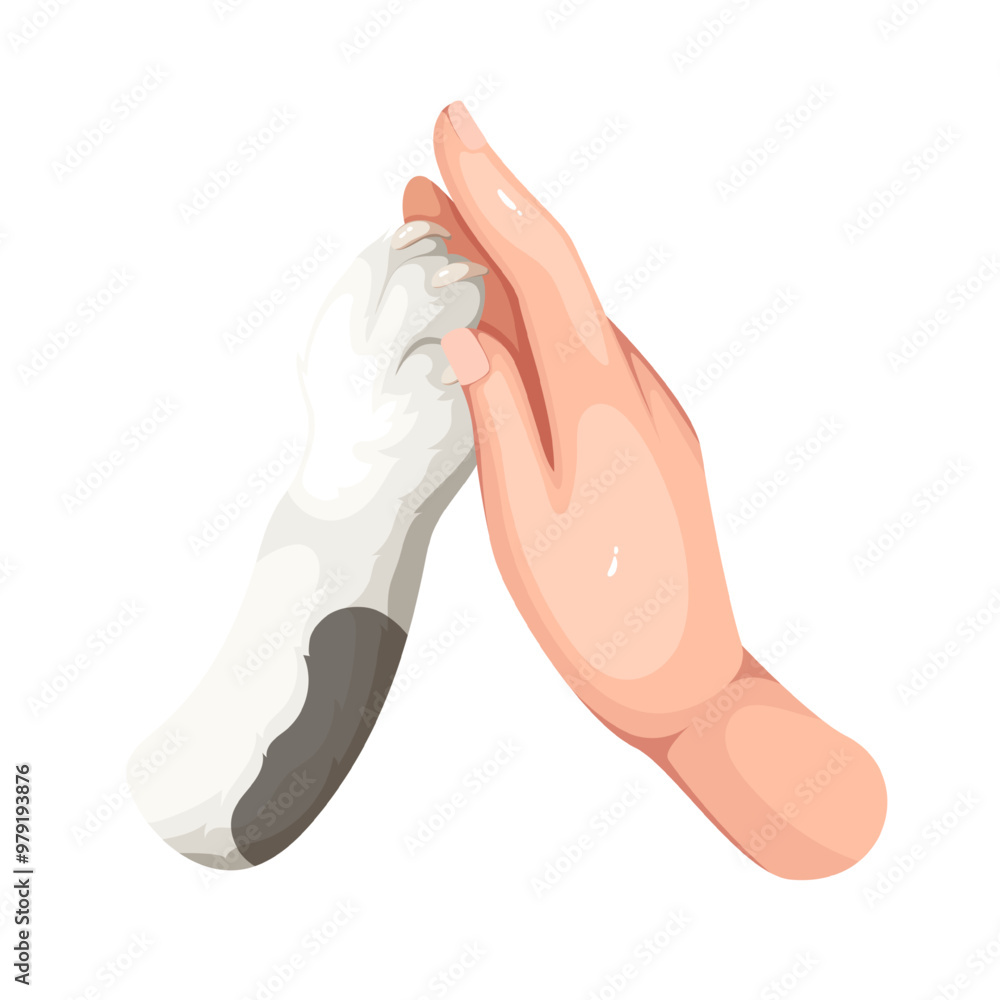 Cat giving high five paw to person, cartoon greeting gesture. Funny animal paw touching human hand to greet and play. Man and pet relationship mascot, cartoon friends communication vector illustration Cat giving high five paw to person, cartoon greeting gesture. Funny animal paw touching human hand to greet and play. Man and pet relationship mascot, cartoon friends communication vector illustration