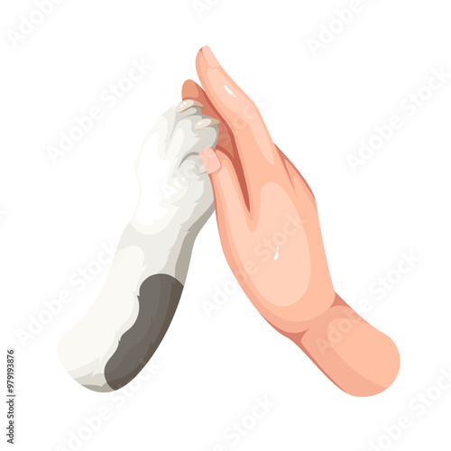 Cat giving high five paw to person, cartoon greeting gesture. Funny animal paw touching human hand to greet and play. Man and pet relationship mascot, cartoon friends communication vector illustration