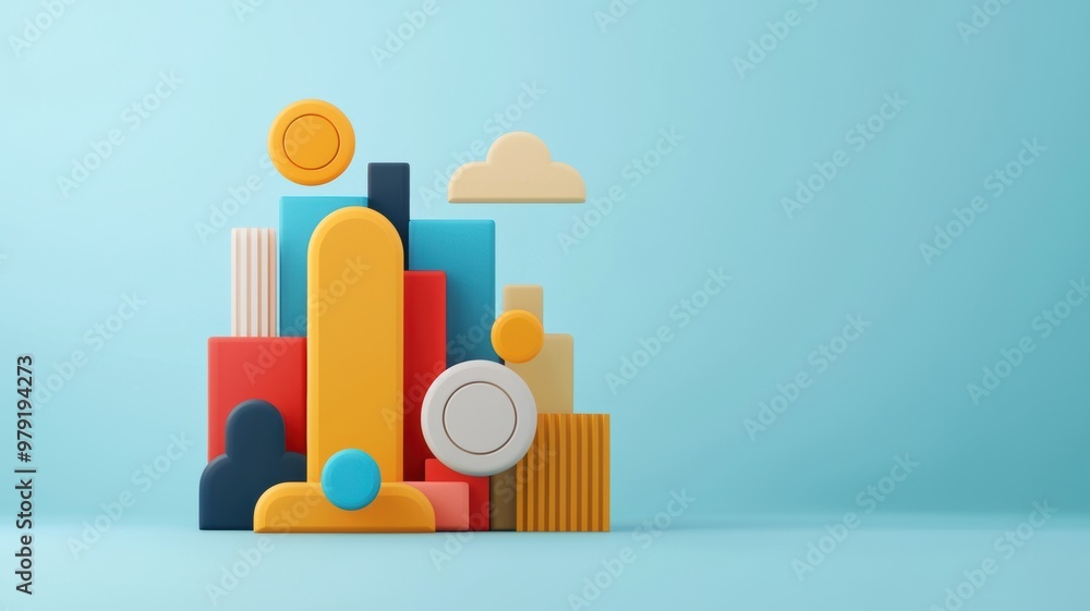 Colorful geometric shapes arranged in a creative cityscape design against a light blue background. Modern and abstract composition. Colorful geometric shapes arranged in a creative cityscape design against a light blue background. Modern and abstract composition.