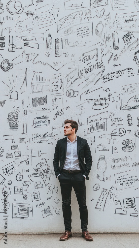A man in a suit stands against a wall covered in creative sketches and doodles. A man in a suit stands against a wall covered in creative sketches and doodles.