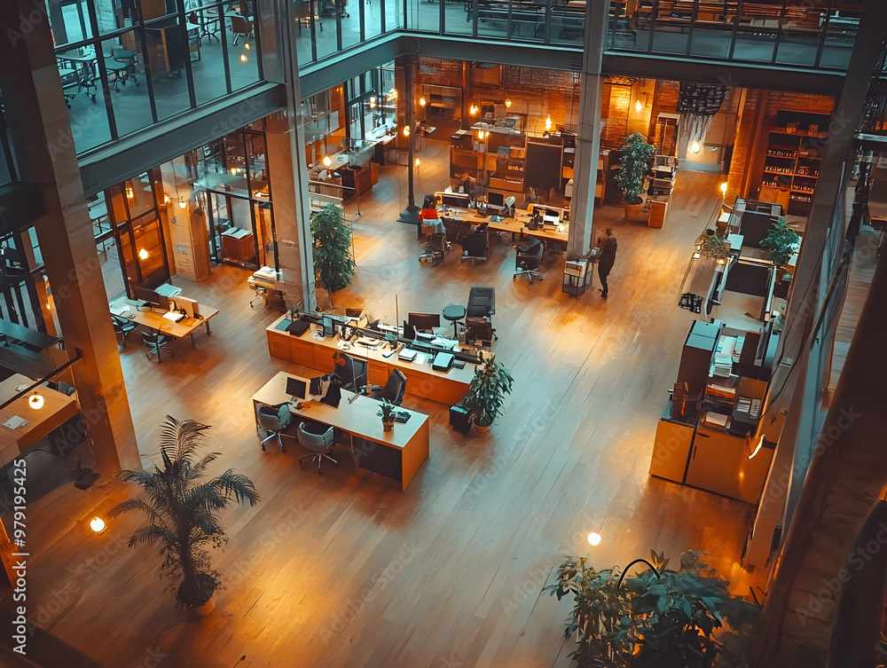 Modern Office Space Photo - Warm Lighting, Open Floor Plan, Desks, Computers, Plants, Collaboration Modern Office Space Photo - Warm Lighting, Open Floor Plan, Desks, Computers, Plants, Collaboration