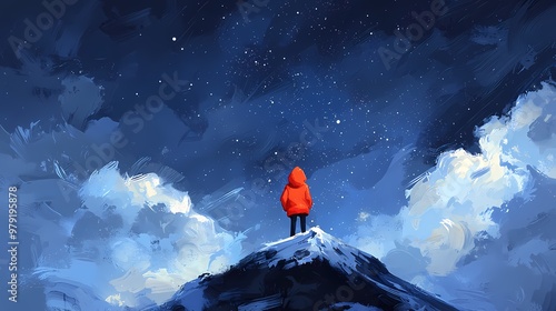 A person in a red hoodie gazes at the starry sky from a snowy mountain peak. photo