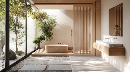 A modern bathroom with a Japanese and Scandinavian feel.  Warm colors, natural materials like wood, and sliding doors create a peaceful and stylish space.