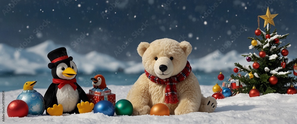 An outdoor scene featuring a stuffed polar bear, surrounded by penguin toys, set against a snowy background with Christmas decorations An outdoor scene featuring a stuffed polar bear, surrounded by penguin toys, set against a snowy background with Christmas decorations