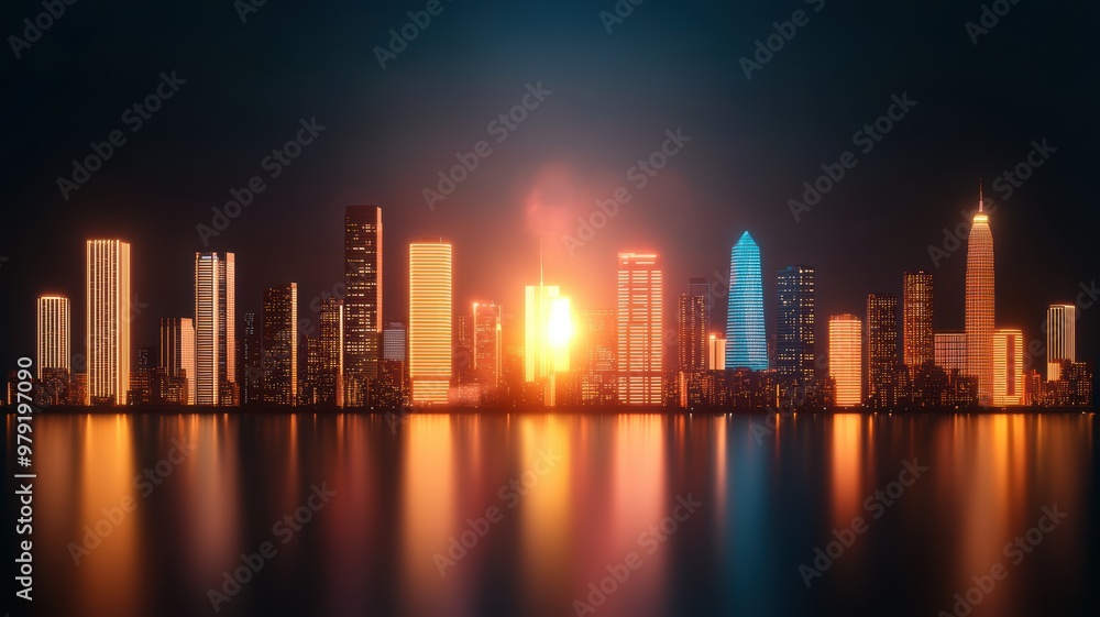 Stunning nighttime cityscape with illuminated skyscrapers reflecting in the water, creating a mesmerizing urban skyline scene. Stunning nighttime cityscape with illuminated skyscrapers reflecting in the water, creating a mesmerizing urban skyline scene.