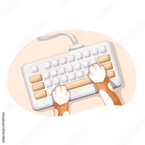 Cats cartoon paws press keys on computer keyboard. Funny pet legs typing text message, top view. Digital work, workplace mascot, cartoon kitten pushing buttons, using computer vector illustration