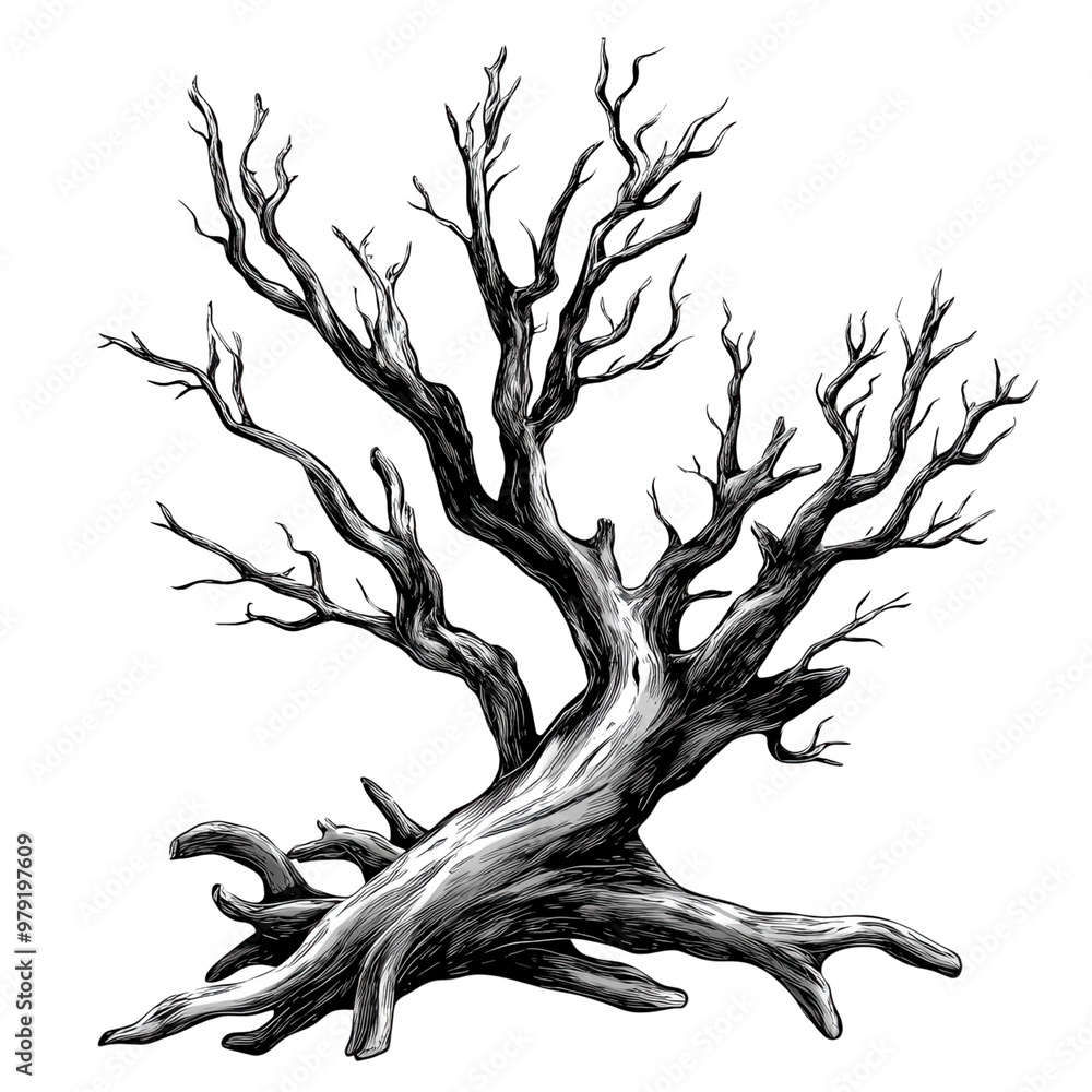 Obraz premium Artistic depiction of a twisted tree, showcasing intricate branches and a unique, weathered texture. isolated on a transparent background