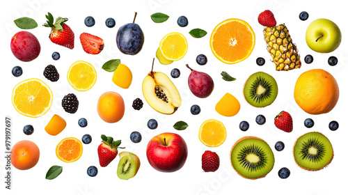 A colorful collection of fruits and vegetables including apples, oranges, lemons, kiwis, bananas, strawberries, pears, watermelon, pineapples, limes, and peaches on a white background