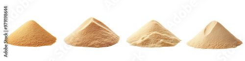 Various types of flour displayed in distinct mounds, highlighting texture and color for culinary or baking purposes. isolated on a transparent background
